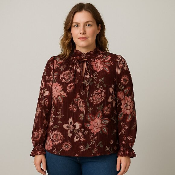 Violet + Claire Burgundy Floral Metallic Ruffle Neck Long Sleeve Blouse Womens L - Picture 1 of 16